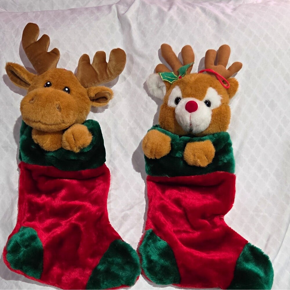 Set of 2 Plush Reindeer Christmas Stockings Red Green Brown with Hanging Loop